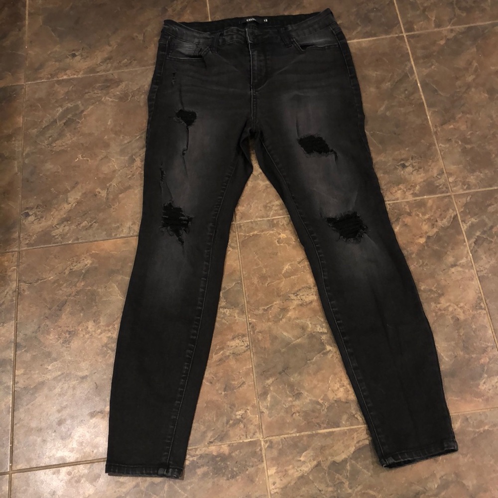Cello Jeans Skinny Stretch Distressed Destroyed High Rise Zip Black Women Sz 13